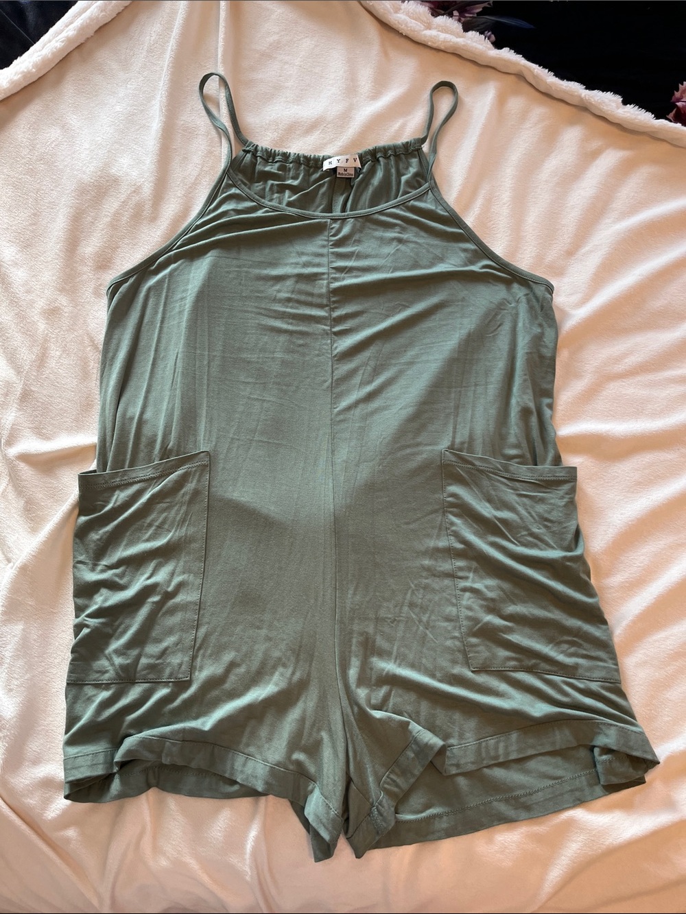 NWOT - HYFVE Olive Green Spaghetti-Strap Romper with Pockets